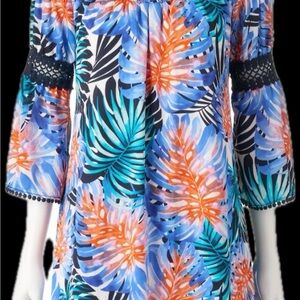 Jennifer Lopez Blue and Orange Tropical Midi Dress